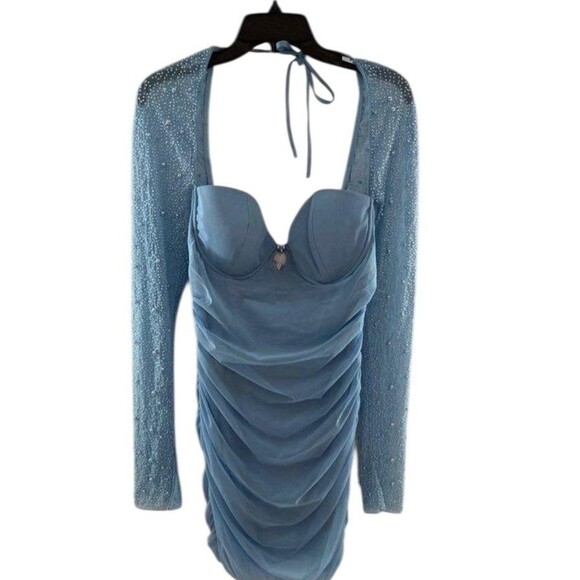 Oh Polly Mini Dress US 8 UK 10 Embellished Blue Long Sleeve St Germain Dress - Picture 2 of 9